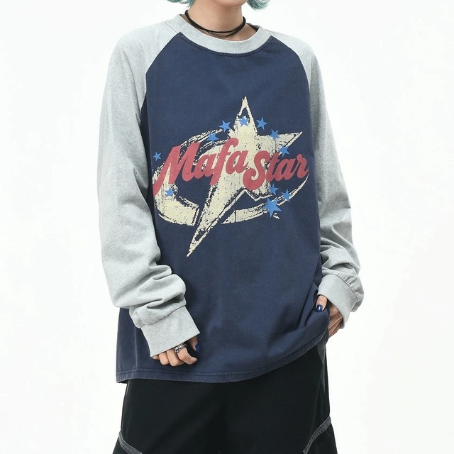 クラックレターグラフィックラグランルーズフォルムTシャツ 2col R02573