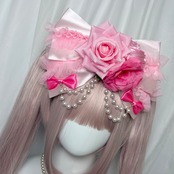 ♡【全2色】姫GAL 薔薇付き パールチェーンフリルBIGリボンヘアクリップ vivid pink ♡