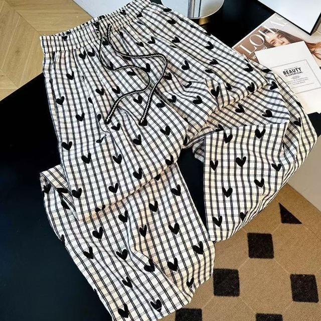 ハートモチーフ・ブロックチェック・リラクシーワイドパンツ 740m