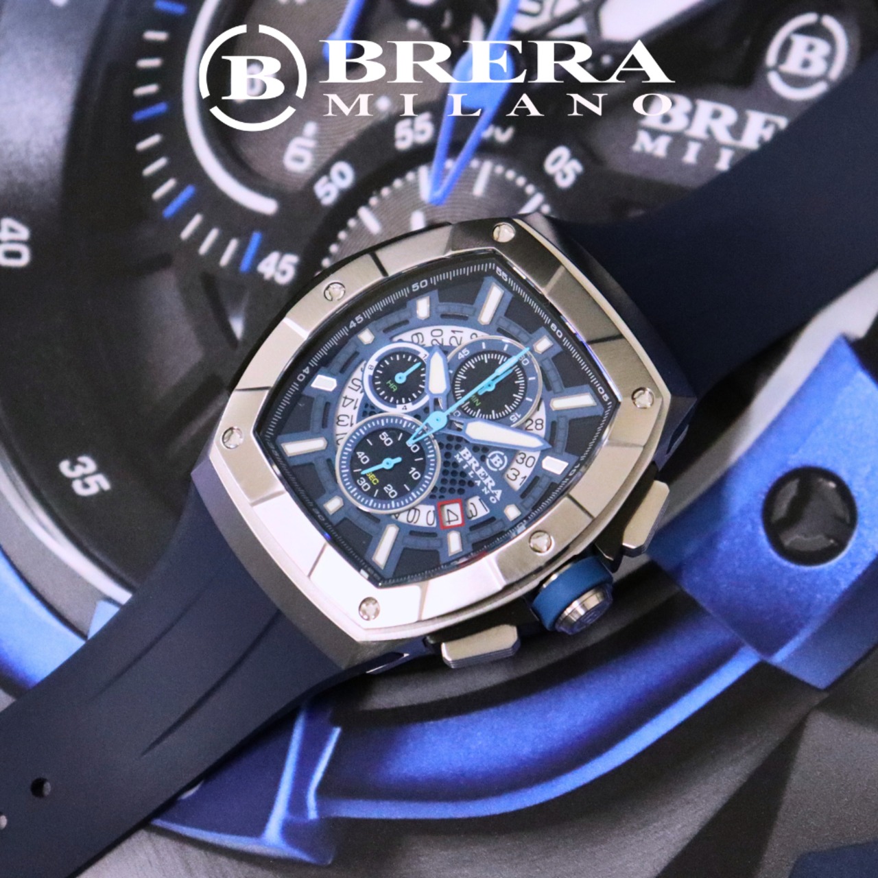 BRERA MILANO SUPERSPORTIVO TONNEAU QUARTZ CHRONOGRAPH BMSSTNQC4101B ブレラミラノ  スーパースポルティーボ トノー クォーツ クロノグラフ 腕時計 ラバーベルト 青色 | BRERA MILANO JAPAN Official  ONLINE SHOP