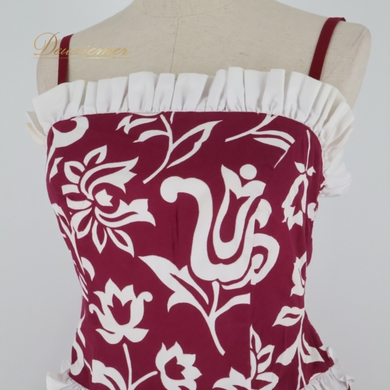 フラダンス 衣装 ワンピース ドレス レッド系 Lehua ハワイアンプリント あずき色 アロハ フラ ダンス レッスン 練習 キャミソールドレス フリル ホワイト系 赤 白 華やか 鮮やか かわいい おしゃれ 上品 大人っぽい フレアスカート ふんわり フラダンス衣装 レディース おしゃれ フリル付き デザイン キャミソール