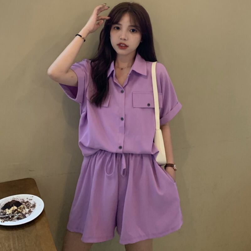 サマースタイルカジュアルルーズカラーシャツ Aラインショーツ 夏物 ブルマー YY-ファッション29887199861