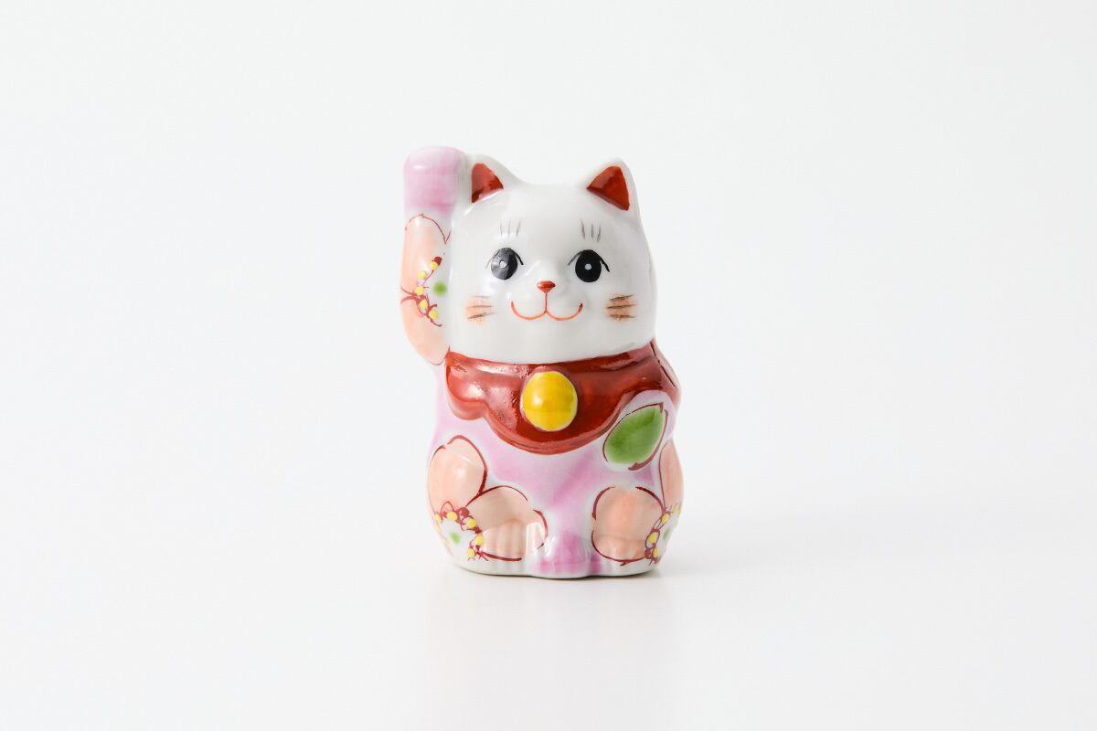 ミニ招き猫(右) ピンク花うらら