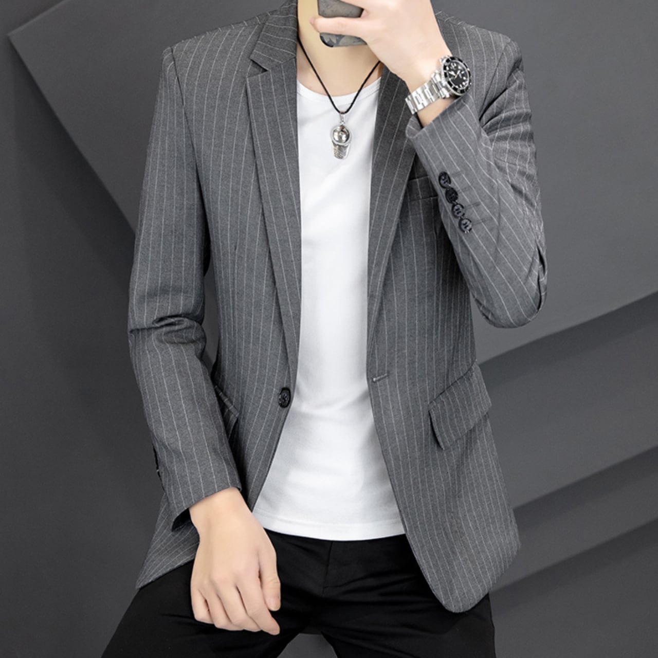 スーツセレクト グレー ストライプジャケット 二つボタン スーツ