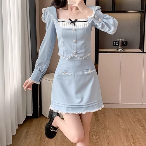 【2点セット】スクエアネックレーストリムトップス＋ミニスカート ・75997