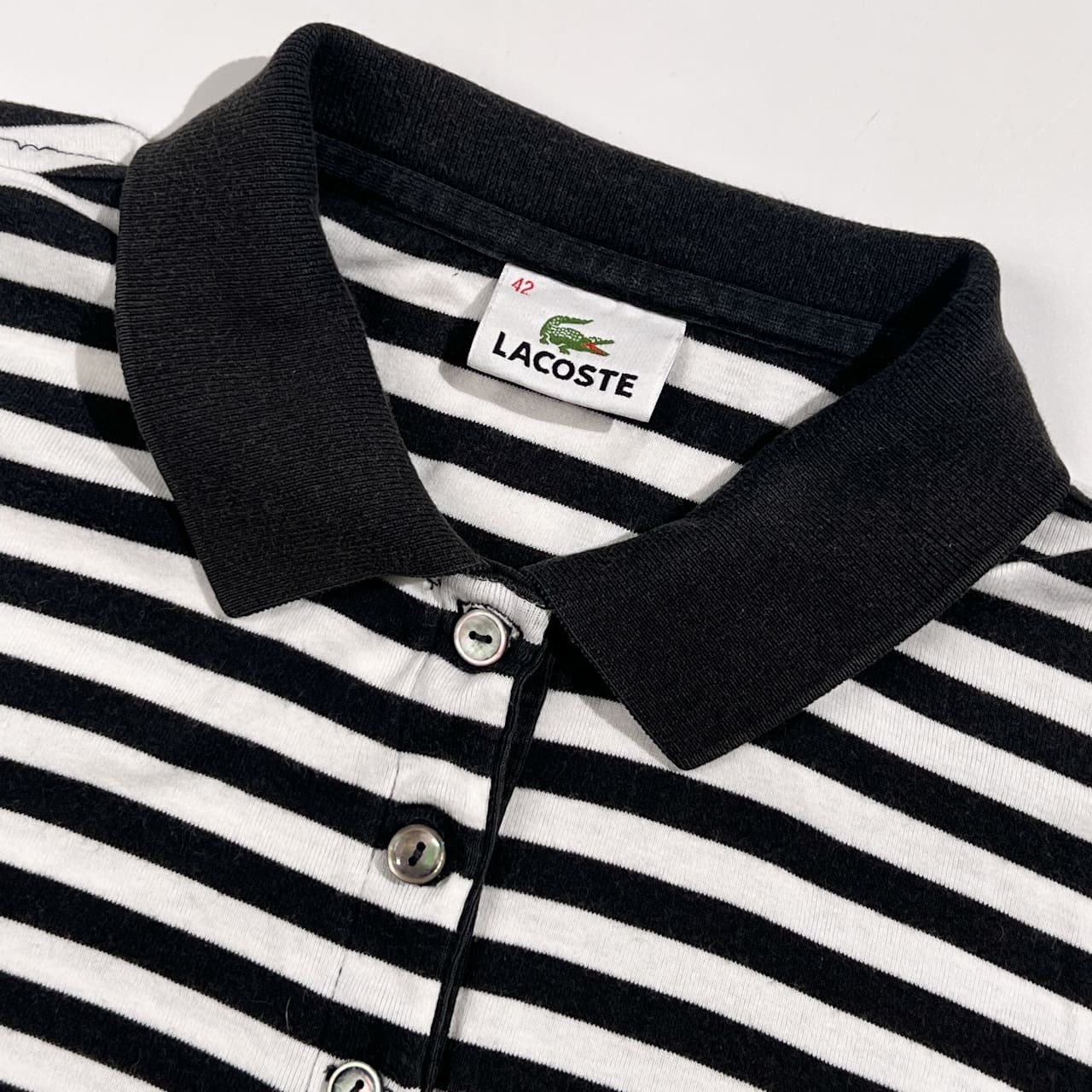 90s LACOSTE ラコステ ボーダー 半袖 ポロシャツ サイズ 42 /ブラック系 レディース