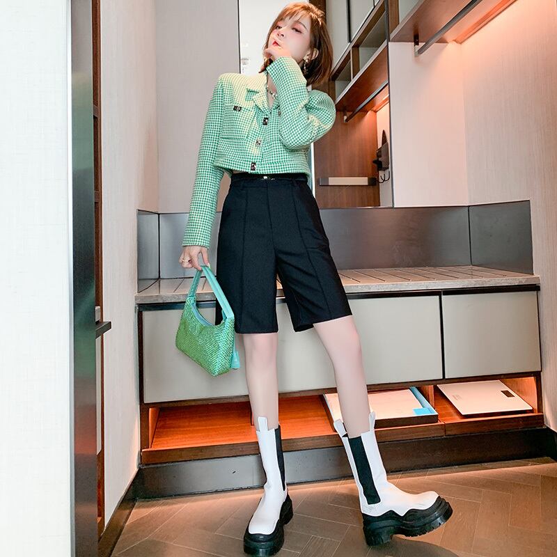 ソリッド カラーハイウェストウェスト薄手パンツ ショーツ オータム 秋物 ブルマー ソリッドカラー MIUCO2264078709