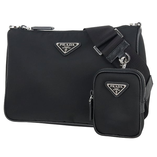 Used PRADA プラダ ショルダーバッグ Re-Nylon サフィアーノレザー ブラック ポーチ付き 2VH113 極美品