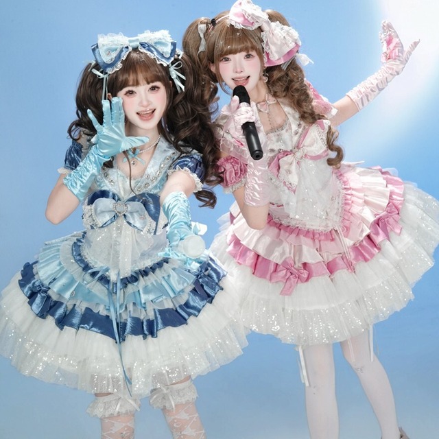 アイドル衣装 きらめきサテンのスリーブカバー フリルたっぷりロング手袋 予約商品｜3月28日まで