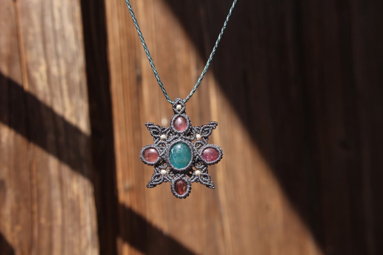 Blue Apatite & Pink Tourmaline micro macrame mandala pendant