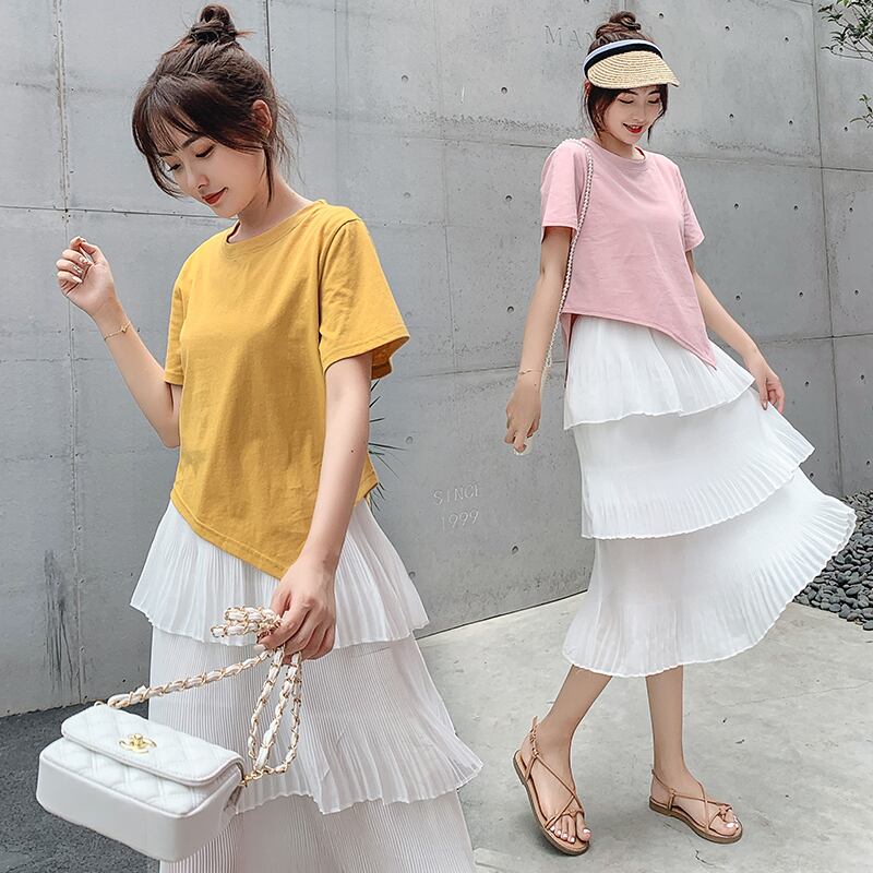 【新作】【送料無料】 マタニティ服OネックコットンTシャツマタニティ長袖不規則なトップ+ボトムタンクドレスマタニティ2個セット ロング AL expec313101516348