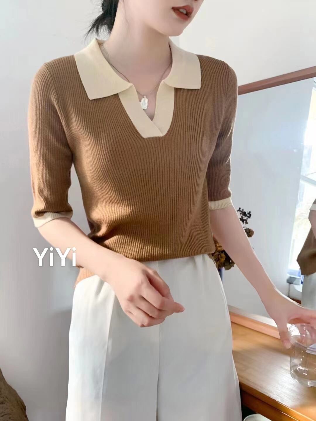 5部袖バイカラーニット　AJ111-221