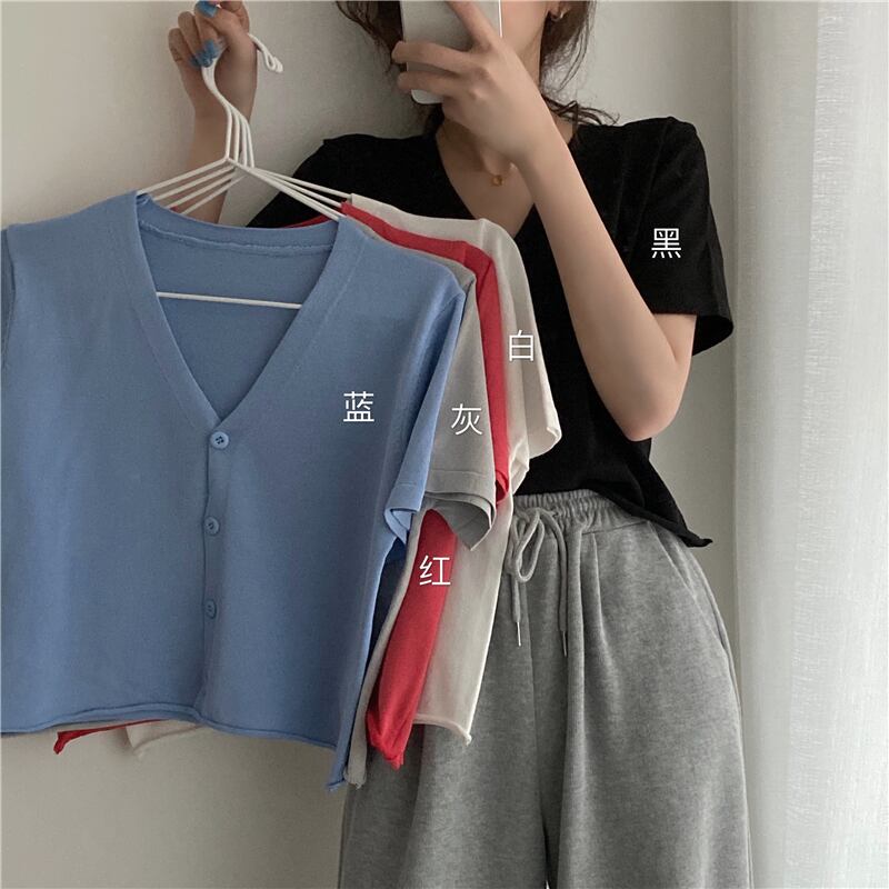 ショートトップの女性の2020年夏の新しいインルーズで薄いワイルドVネックウエスタンニットカーディガンジャケットの学生 1号婦人10824830765