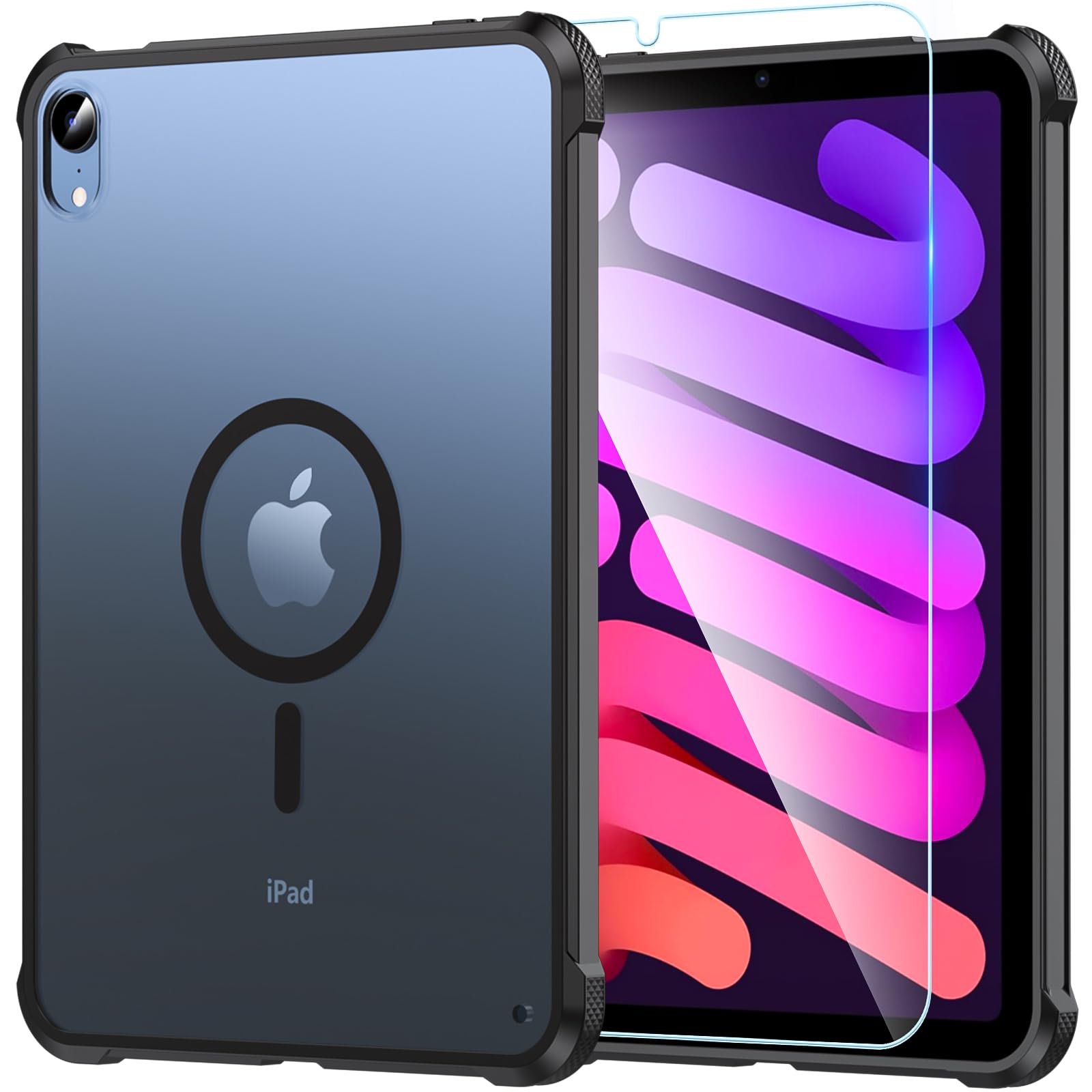OWKEY iPad mini7 ケース (A17 Pro 第7世代) iPad mini6 ケース ガラスフィルム付き MagSafe対応 ブラック