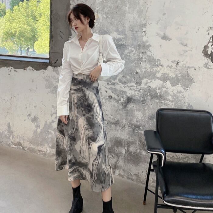 スプリングサマーレディースシャツ ハイウェスト薄手スカート ロング 春物 夏物 1号婦人31582561696