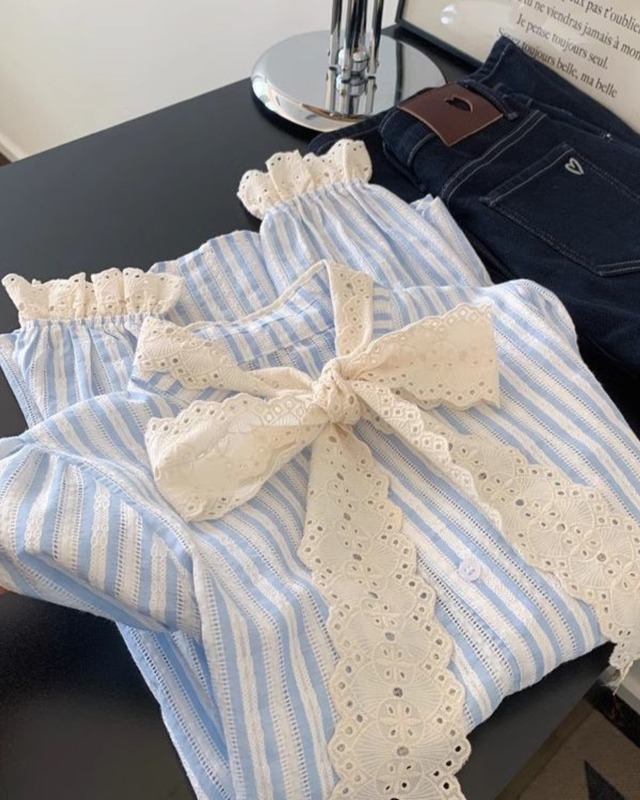 レースリボンストライプブラウス　