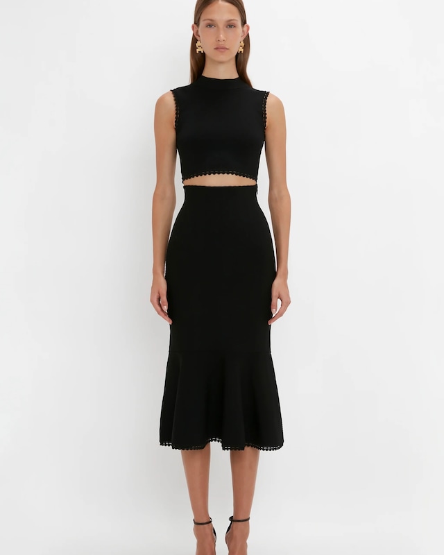 Victoria Beckham】VB Body Scallop Trim Flared Skirt In Black