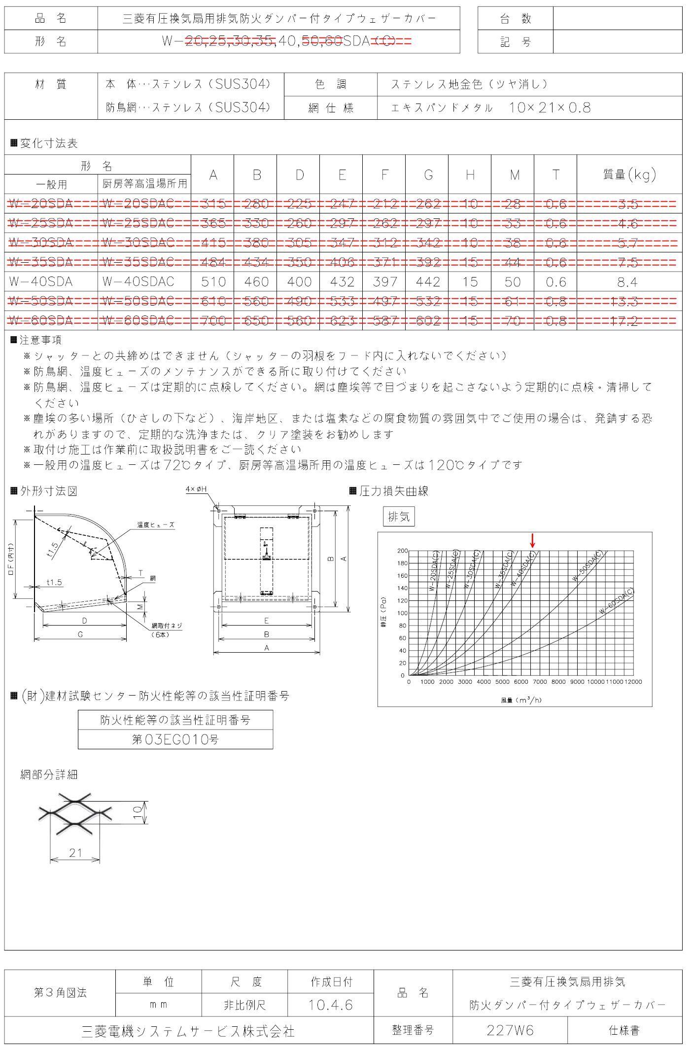 換気扇用ステンレスウェザーカバー（防火ダンパ付）【W-40SDA】三菱