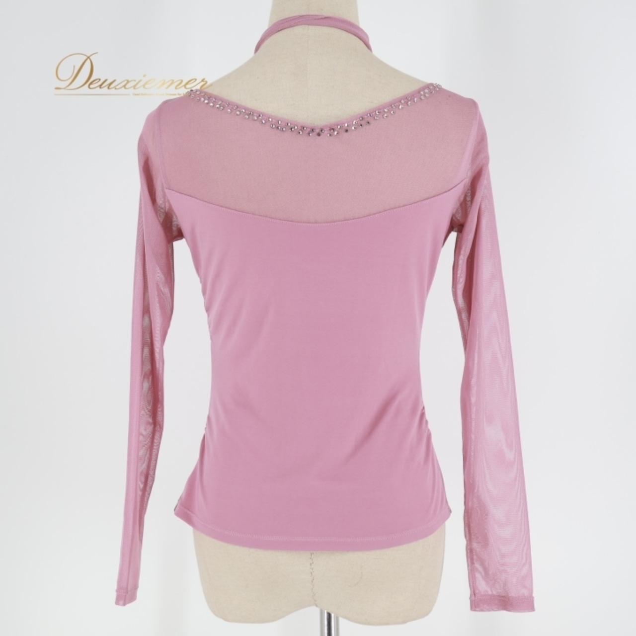 社交ダンス 衣装 トップス ブラウス ピンク系 チャコット Chacott ラインストーン メッシュ生地 透け感 ストレッチ 伸縮 レッスン 練習 上品 スカーフ 華やか キラキラ 落ち着いた色 かわいい 長袖 ダンス衣装 シルバー系