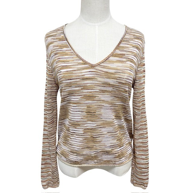 古着 ミッソーニ MISSONI 長袖 Vネックセーター クリーニング済み シースルー ボーダー レディース Mサイズ 相当
