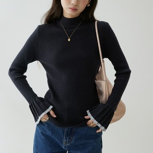 high-neck pleated-sleeve knit　J00349