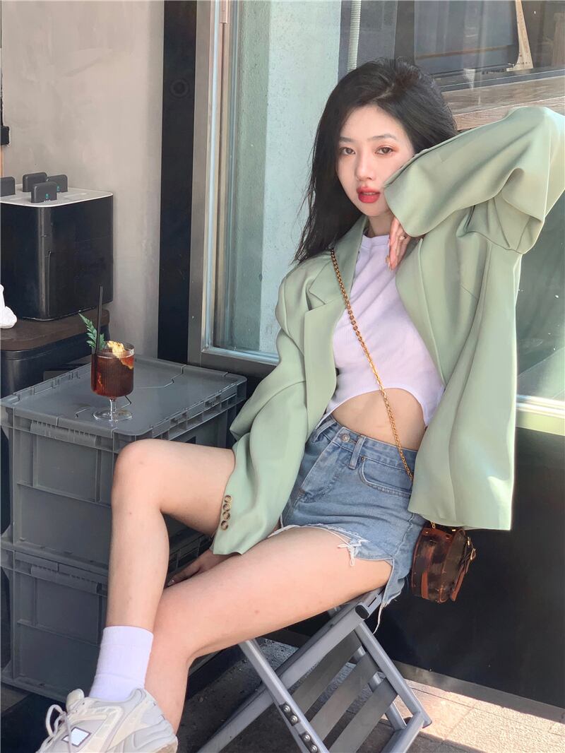 ジャケット ルーズグリーンスタイルロングスプリング 春物 ブラックストロベリース68385029452