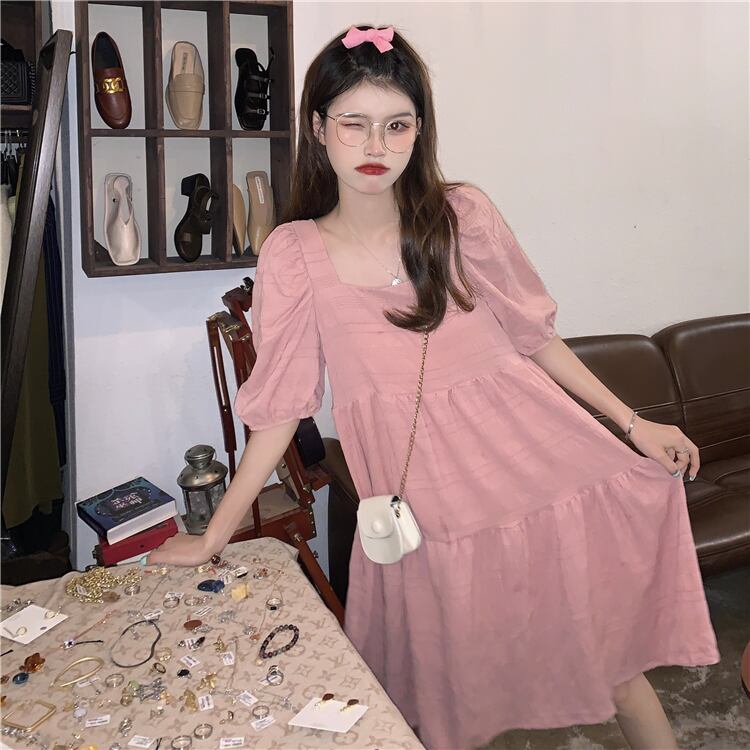スリーブドレス サマースカート ピンク 夏物 スクウェア YY-ファッション9457687287