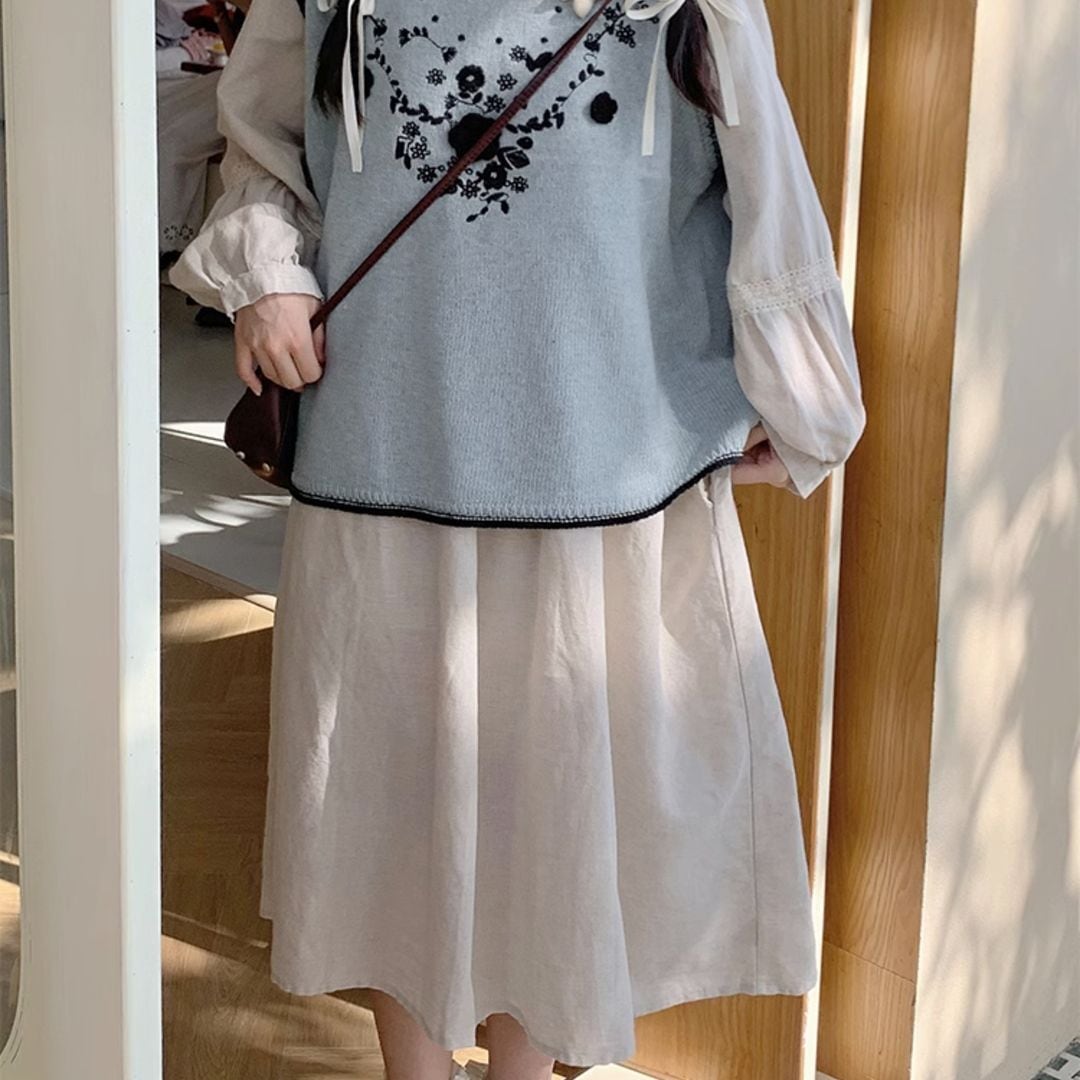 レリアン新品未使用 個性的 切り替え刺繍デザイン ロングスカート 日本製