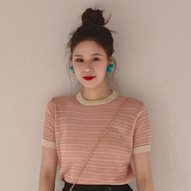 スタンダードストライプTシャツ サマーレッドニットトップス レトロ 夏物 YY-ファッション55033844489