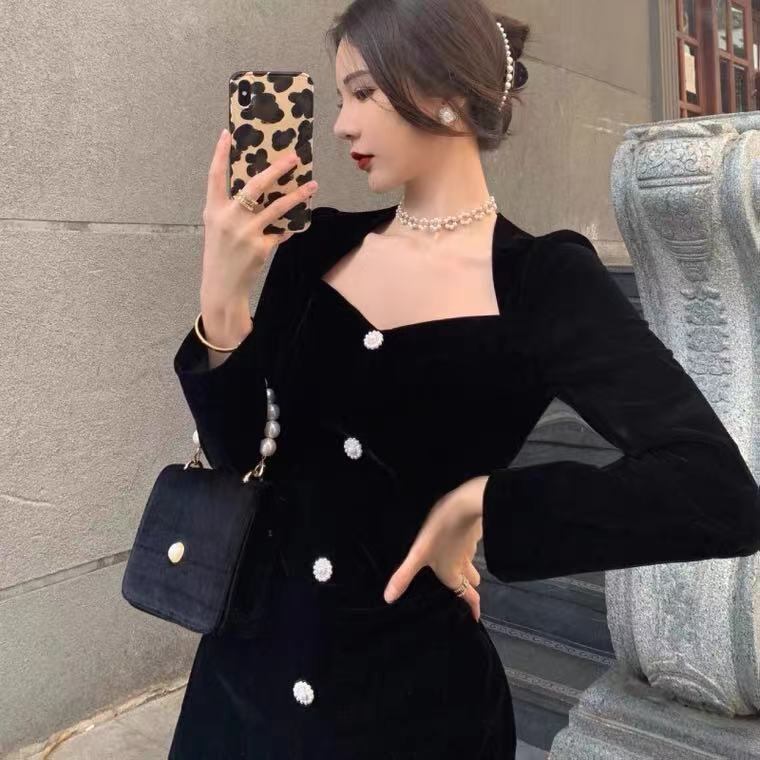 【新作】【送料無料】 秋冬のコールドスタイルストリートスタイル長袖ドレス、スリムでスタイリッシュ、汎用性の高いゴールドベルベットスリットミモレ丈スカート 0225491197466