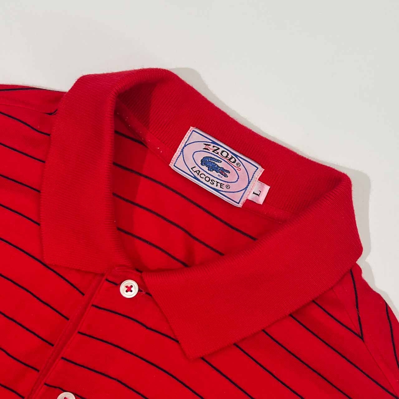 80s IZOD LACOSTE アイゾッド ラコステ ボーダー 半袖 天竺 ポロシャツ L/レッド メンズ ビンテージ 糸巻き 青ワニ