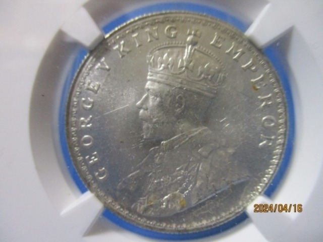 インド 1ルピー銀貨☆1918年B／未使用／ジョージ5世／NGC MS63 