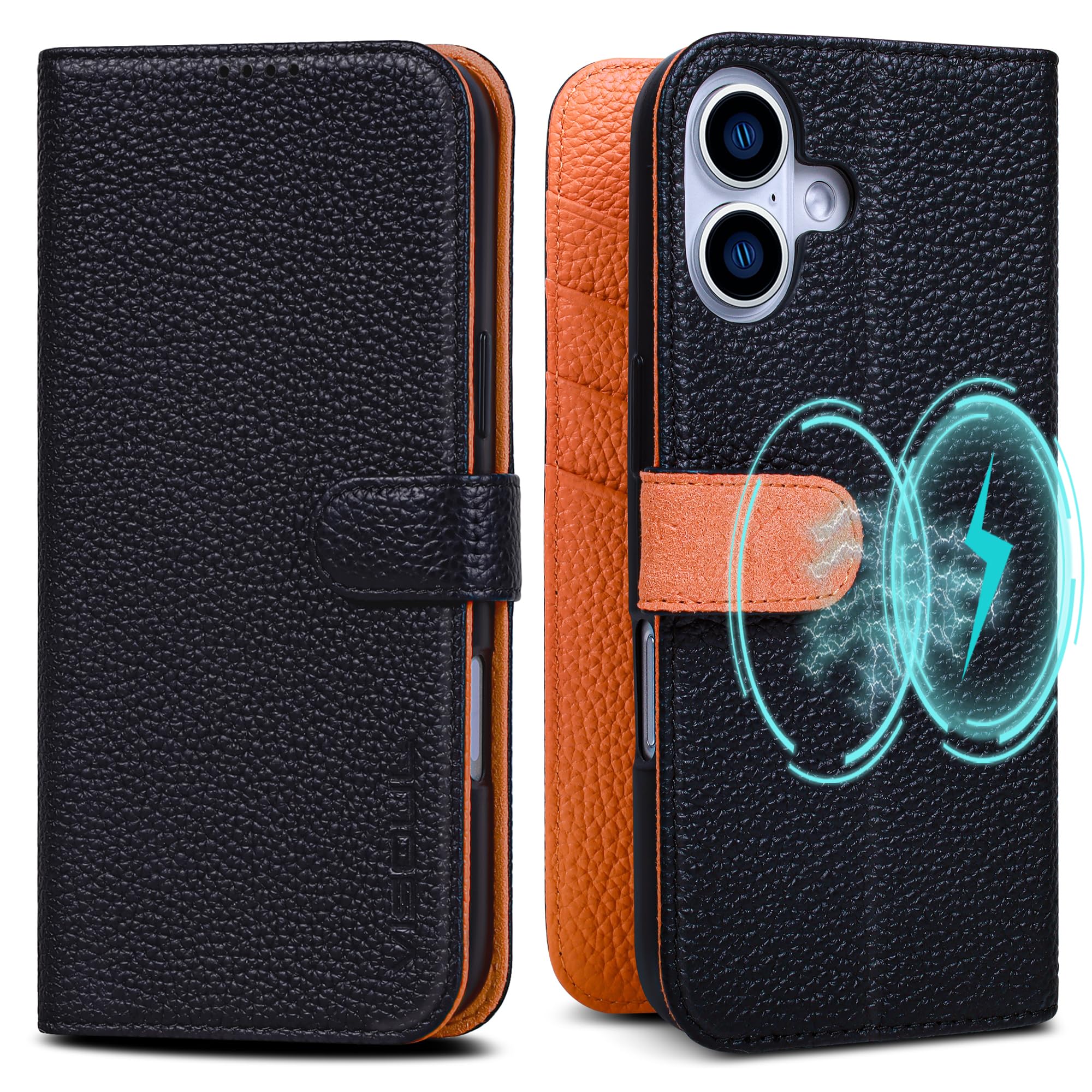 VISOUL iPhone16Plus 対応ケース 手帳型 本革 アイフォン16プラス 手帳型レザーケース MagSafe対応 スマホケース iPhone16プラス ベルトマグネット型 携帯ケース 横置きスタンド機能付き カード収納 全面保護 柔軟なTPU素材 アイホン16Plus オレンジ
