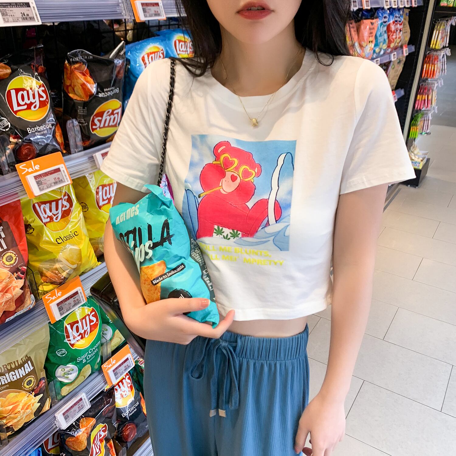 サマーショートプリント柄Tシャツ ホワイトトップス 夏物 6Du_Shop_Women10451201224