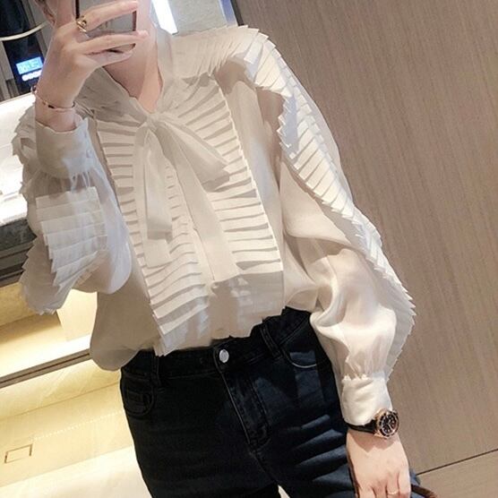 プリーツ リボン 長袖 シャツカラー ブラウス YH9864