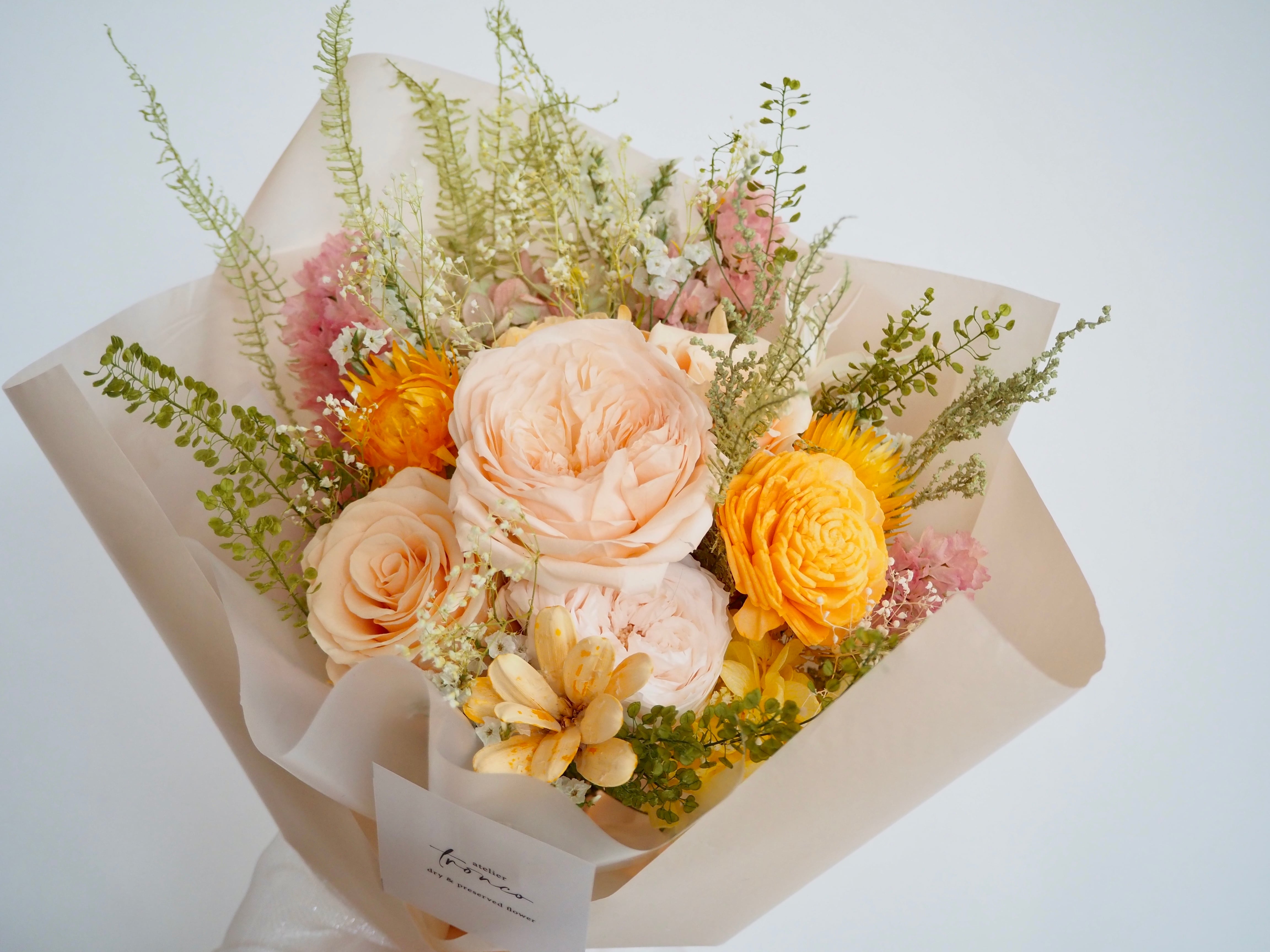 気持ち華やぐオレンジブラウンのスワッグ❀ブーケ プリザーブドフラワー オレンジブラウンの気持ち華やぐ❀❀スワッグ✿ブーケ プリザーブド