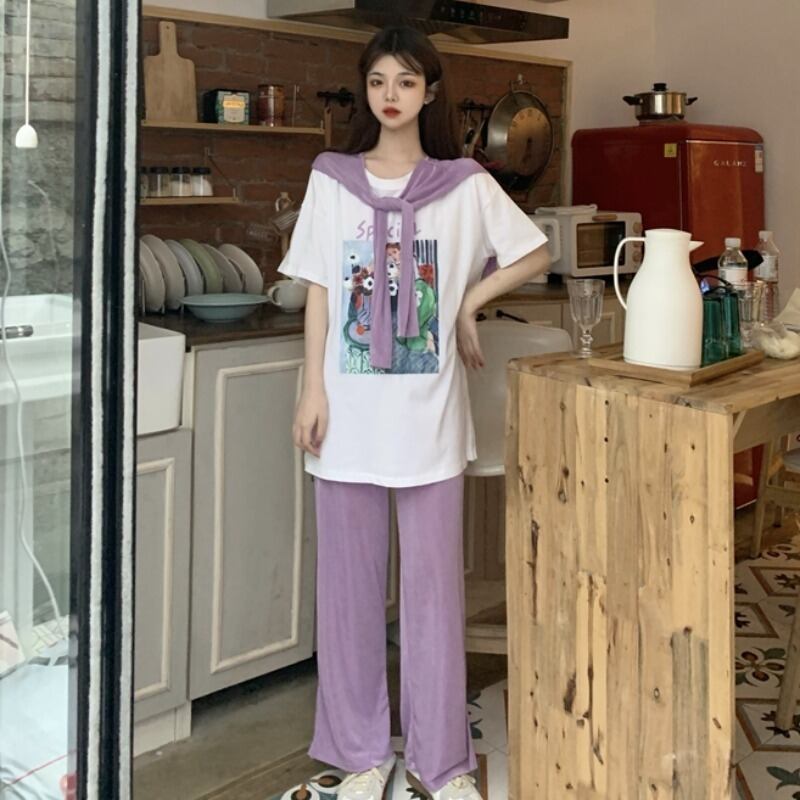 サマープリントTシャツ ルーズハイウェストウェストパンツ 夏物 ドラファッションホール47451349331
