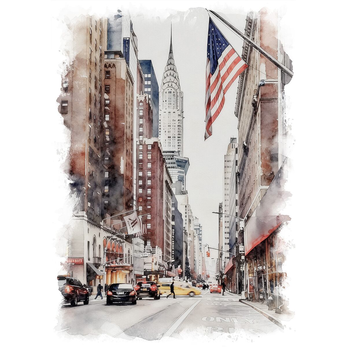 絵画 風景画(街並み) アメリカ ニューヨーク レキシントン・アベニュー インテリアアート額付き 水彩画・油絵風 WAT1153