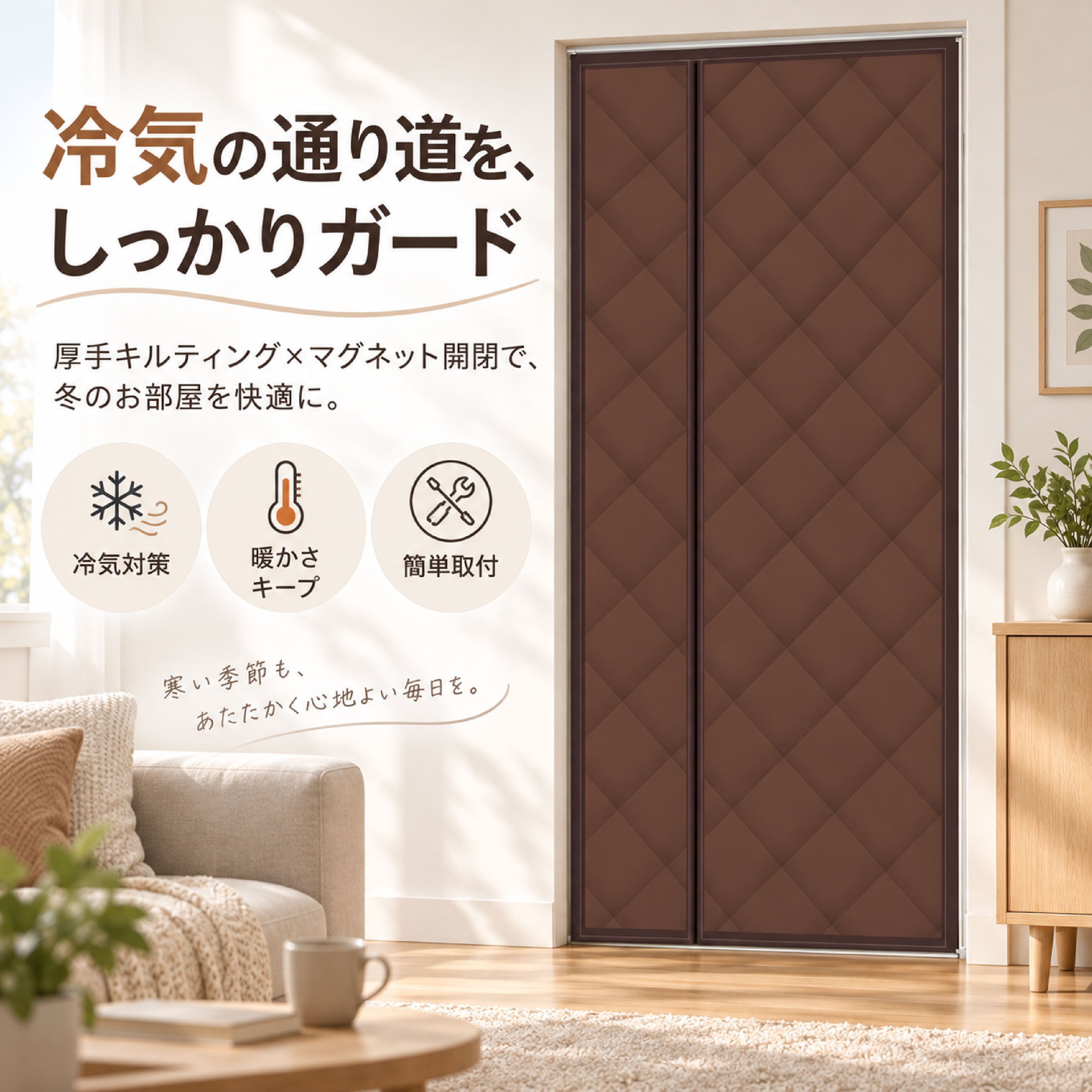 キルティングカーテン SQ 1063 . マグネット式 防寒ドアカーテン 玄関 防寒カーテン 間仕切り