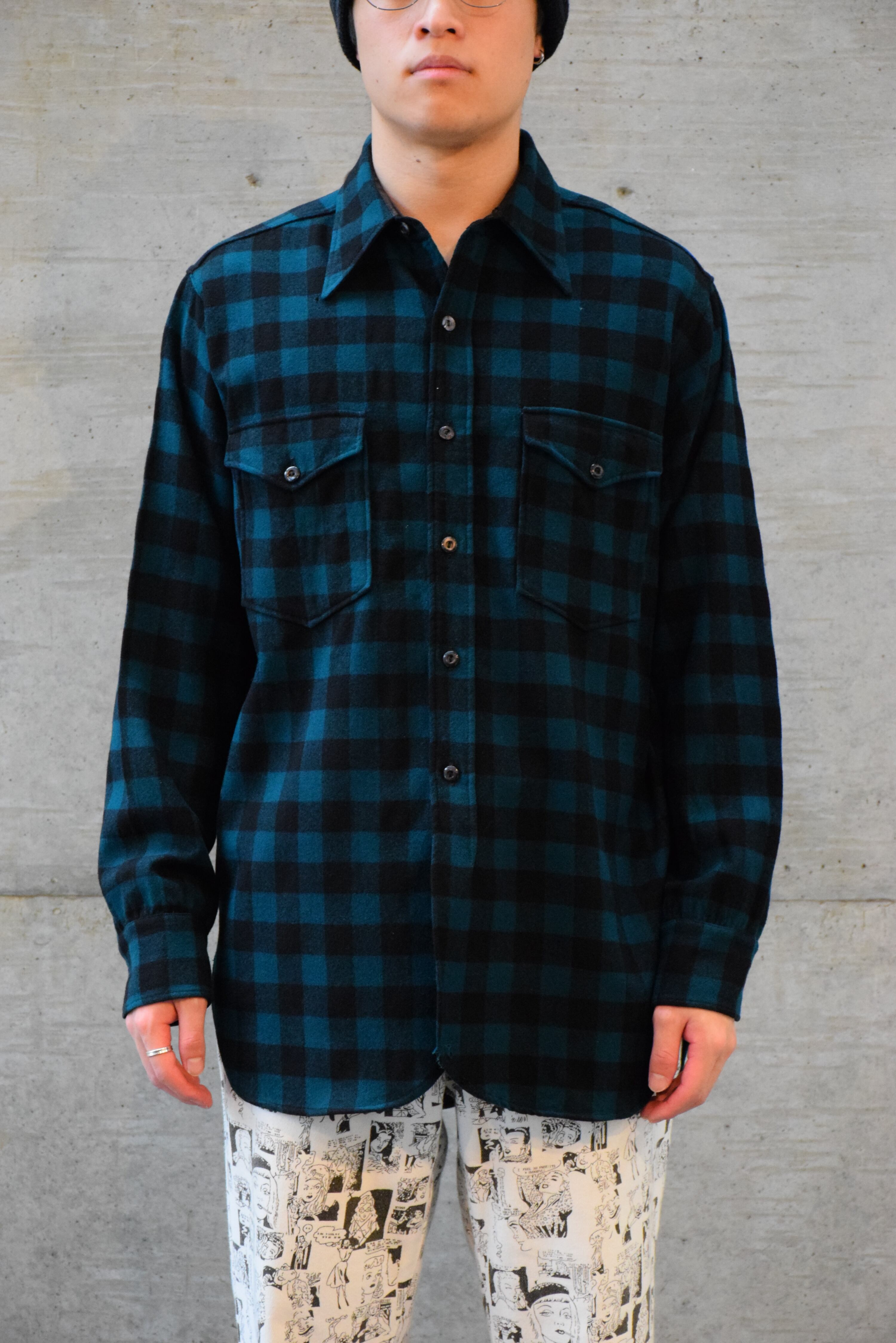 40's USA製 Pendleton ウールシャツ メンズL グリーン ペンドルトン