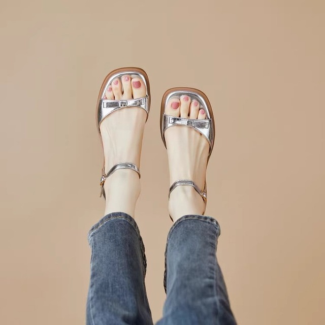 Square toe metallic ribbon sandals A1034