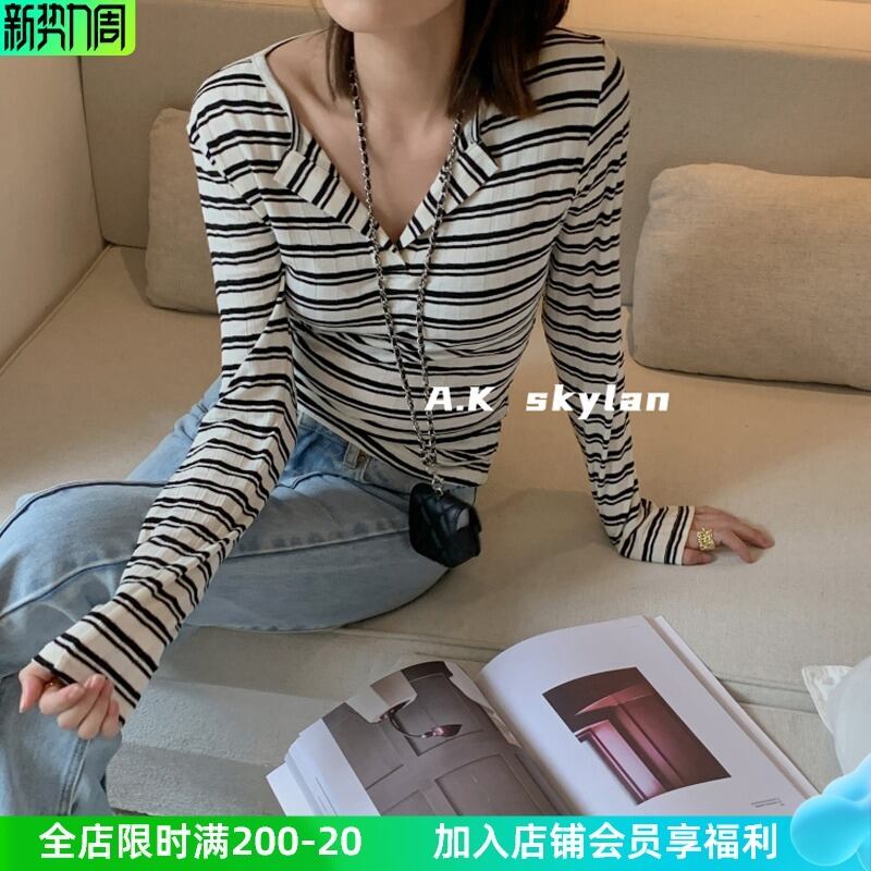 スタンダードカラーストライプスリムTシャツ トップス レディース ロング レトロ ビッグFスモールZ韓国72930598562