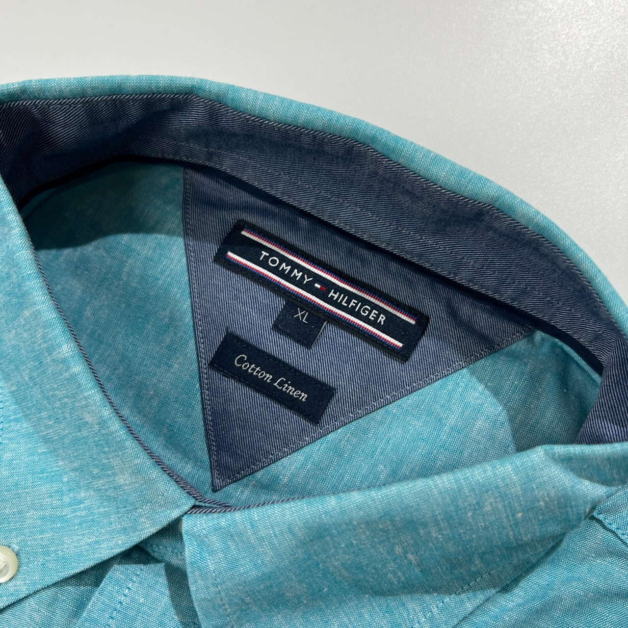 美品 TOMMY HILFIGER トミーヒルフィガー コットン & リネン BD 7分袖 シャツ サイズ XL /ライトブルー系/メンズ