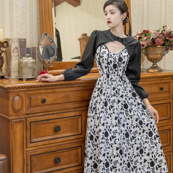 【新作】【送料無料】 2022 純粋な欲望スタイル花柄サスペンダースカートショートシャツ秋と冬の女神スタイルファッショナブルな気質新しい 2 点セット 027731693071