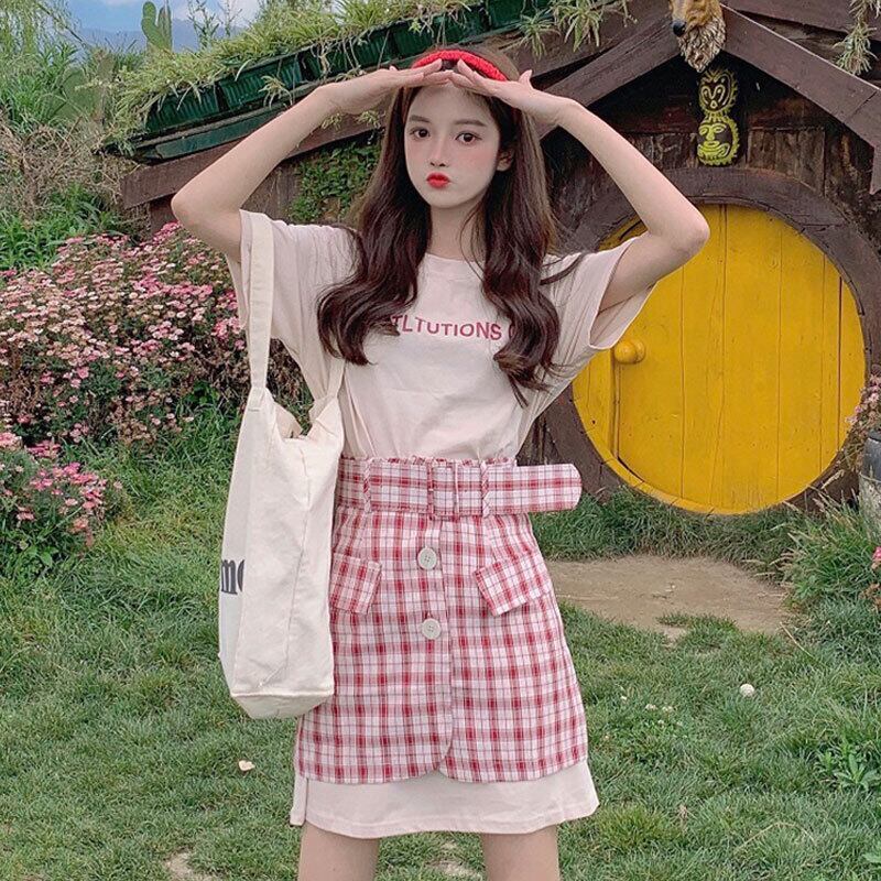 スプリングプリント柄Tシャツ 格子柄スカート スタイル 春物 萌量不足33002049913