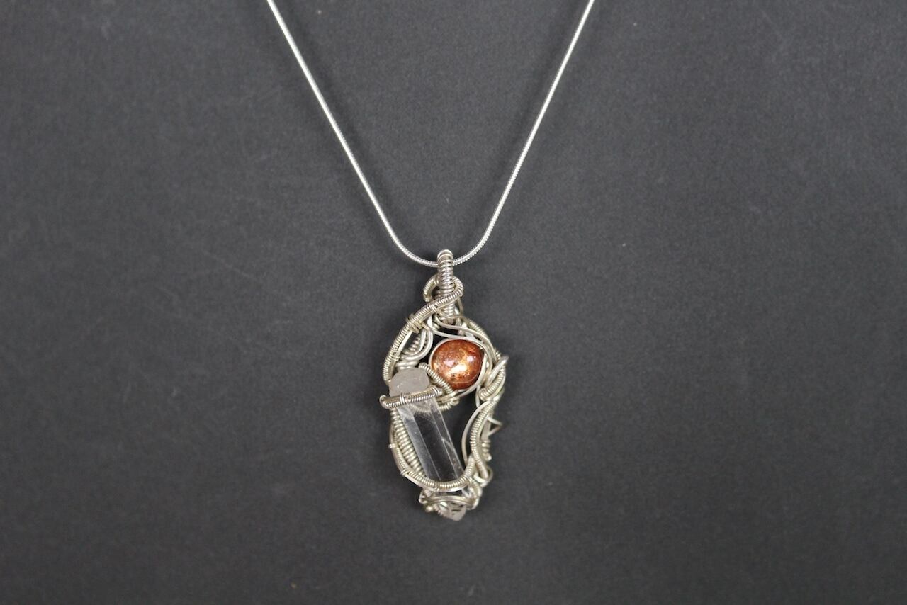 Sunstone & Crystal point  silver925 wire wrapping pendant