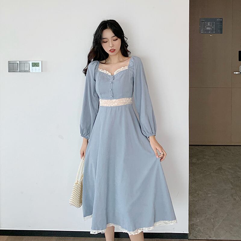 スタンダードカラードレス スプリングウェスト薄手ブルースカート レトロ 春物 スクウェア スーパーモール49831837557