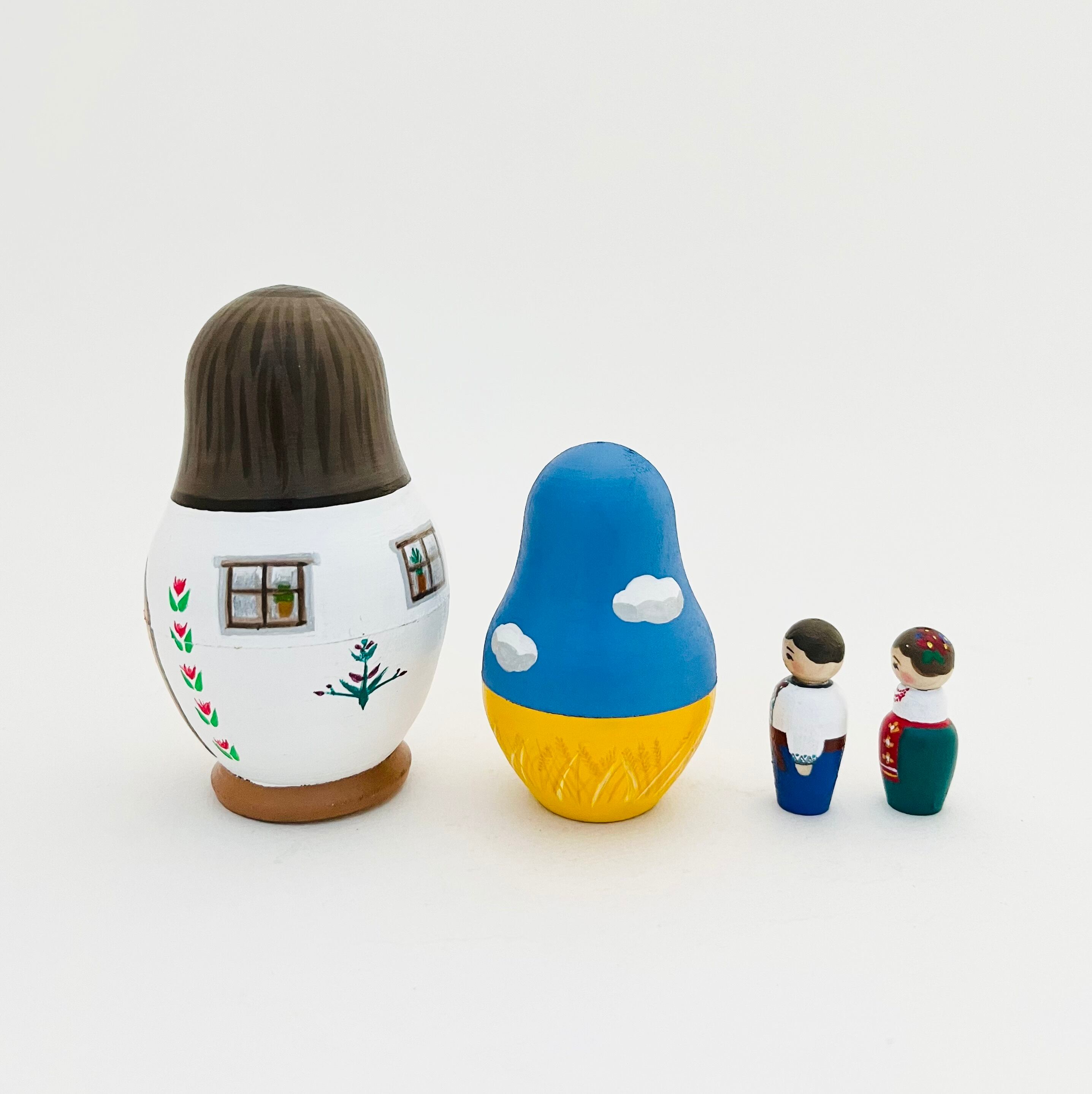 ウクライナ支援マトリョーシカ&こけし 10cm(家 / 青空&麦畑/女の子&男の子)