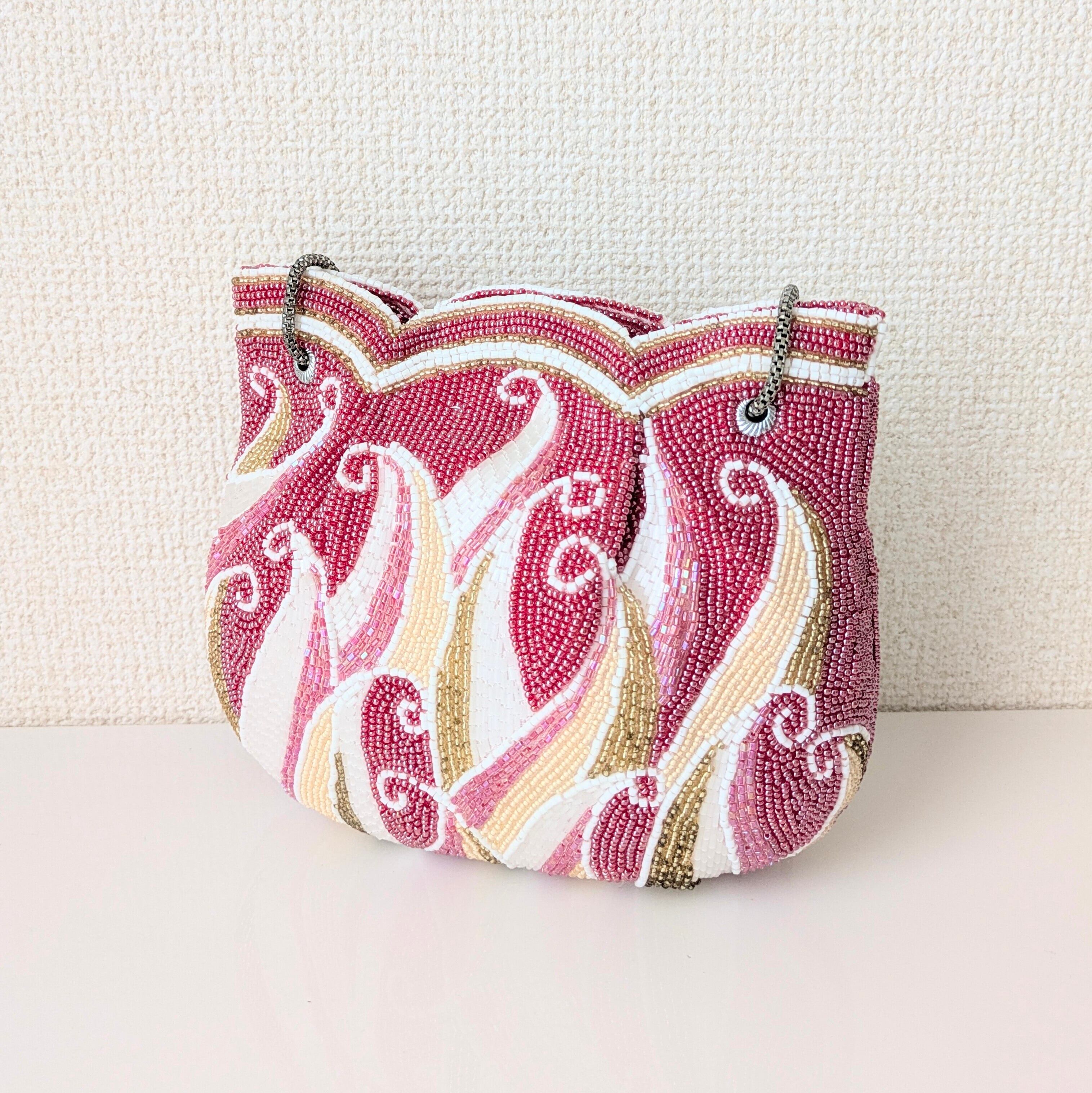 Vintage】ビーズ刺繍バッグ ピンク チューリップ型 パーティーバッグ