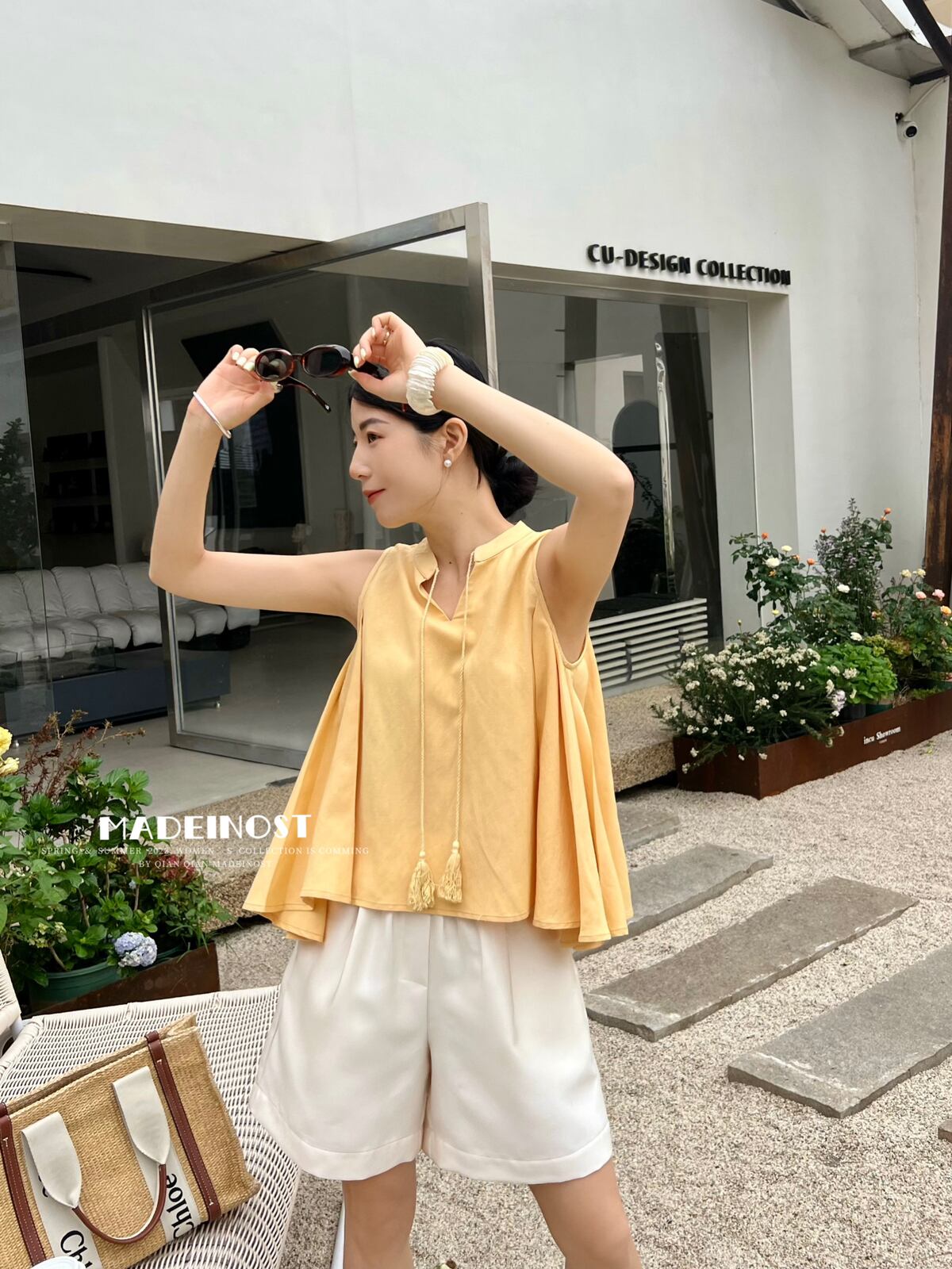 Reine Mode】裾フレア リボン ノースリーブ フレア ブラウス トップス